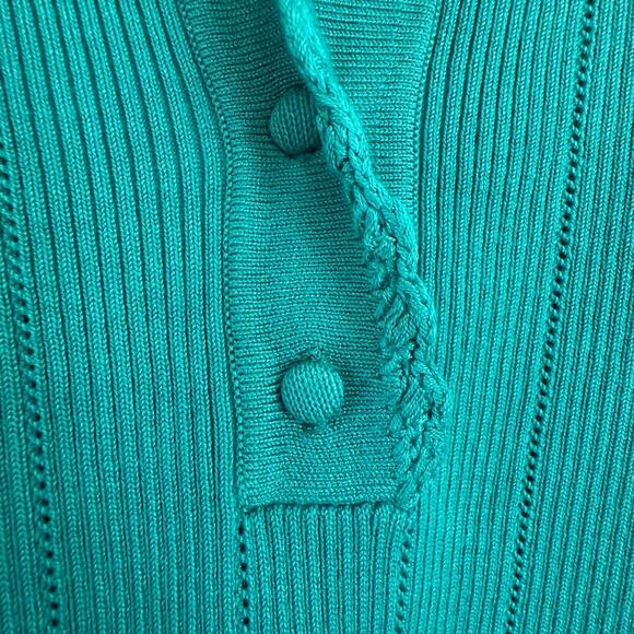 Adrianna Papell Rib Cable Short Sleeve Collar Sweater, Green, Size Medium - Picture 6 of 8